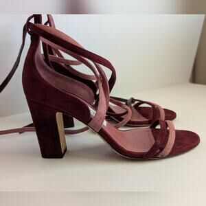 Jimmy Choo Flynn 85 Suede Mix Sandals in Vino Size 37 US 7 Pink Maroon Heels
